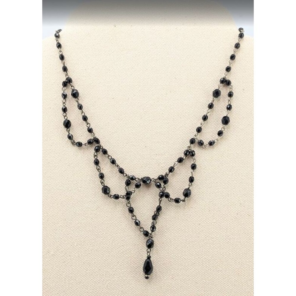 Beaded Necklace Sweet Romance Black Glass Silver Tone Draped Bib Teardrop 17in